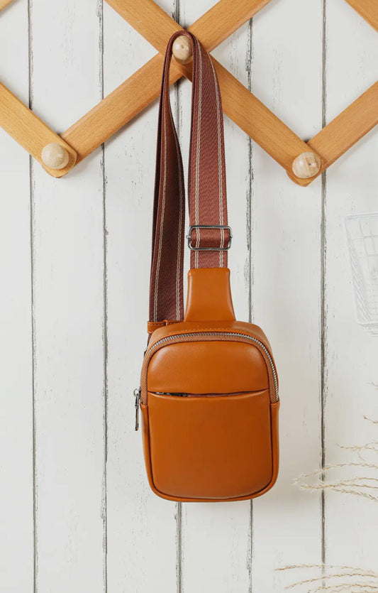 Cognac Faux Leather Crossbody Bag