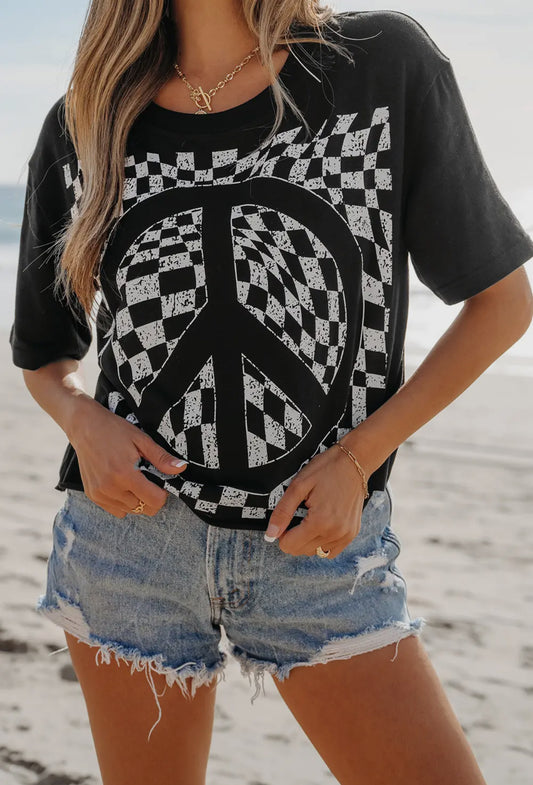 Checked peace sign tee