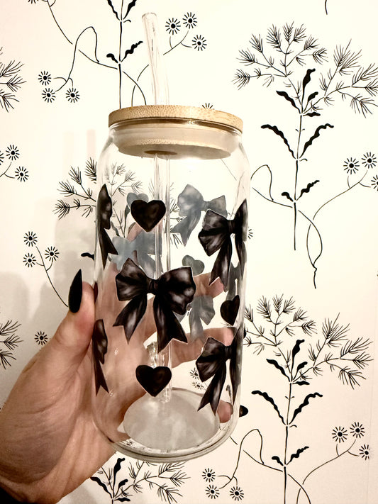 Black Bows & Hearts can glass